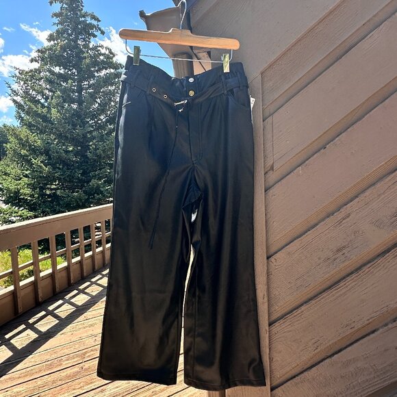 NWT Grey Collective Vegan Leather Cropped Flare Pants with Belt - Picture 3 of 11